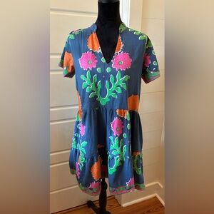 La Plage 100% Cotton Floral Boho Dress Blue Multi Size M festival, vacation Fun